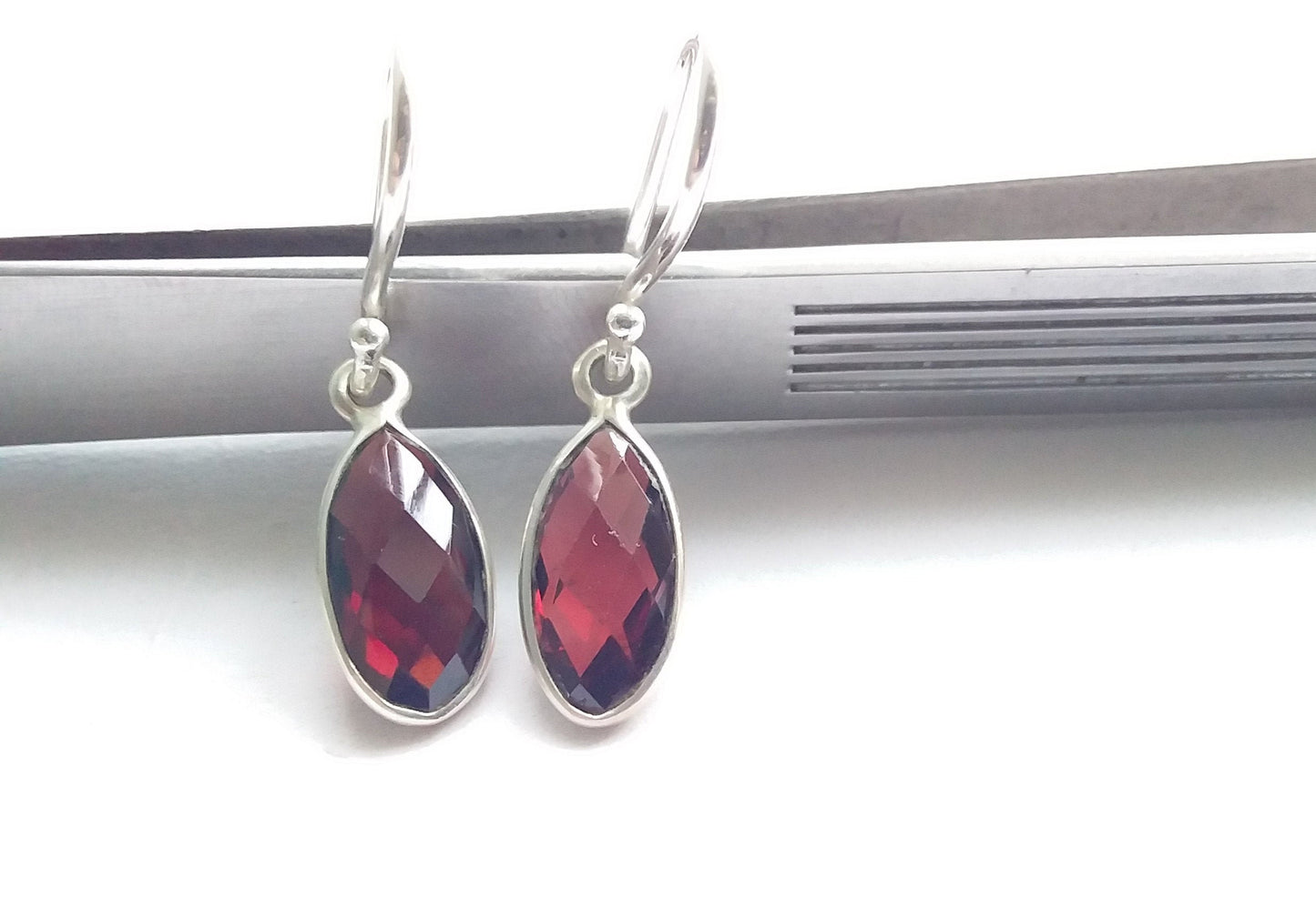 Garnet earrings sterling silver, Bezel earrings drop, Gemstone silver earrings, Dangle Earrings, Earrings for Girls, Red stone earrings