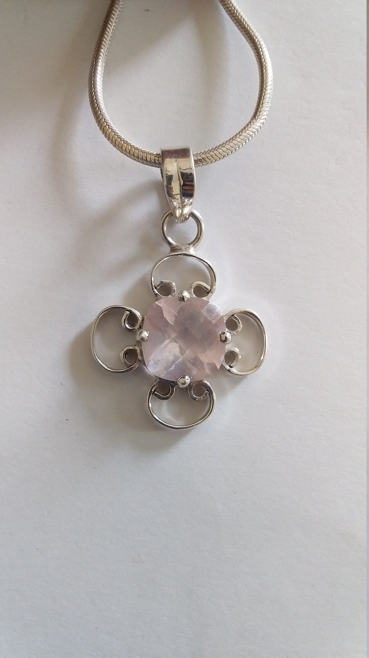 Rose Quartz Pendant, 925 Sterling Silver Natural Gemstone Pendant, Cushion Shape Checker Cut, Pink Stone Semi Precious Necklace Jewelry