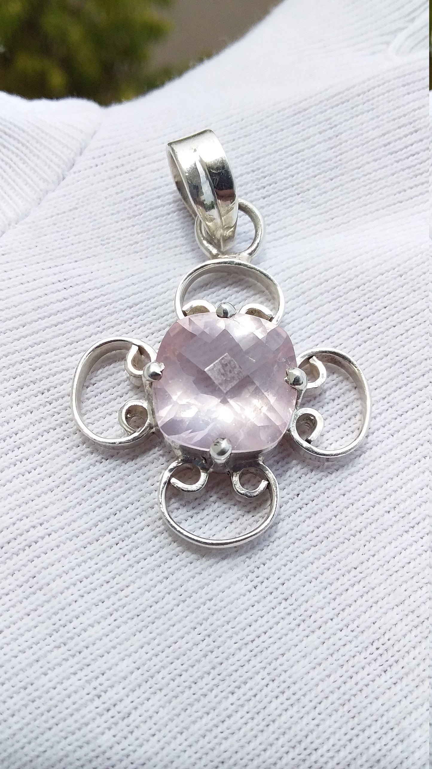 Rose Quartz Pendant, 925 Sterling Silver Natural Gemstone Pendant, Cushion Shape Checker Cut, Pink Stone Semi Precious Necklace Jewelry