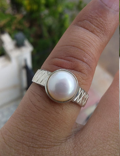 Pearl Ring 925 Sterling Silver Jewelry, Pearl Jewelry, Promise Ring, Boho Ring, Unisex Birthstone Handmade Ring, Pearl Stone Ring Size 8 & 9