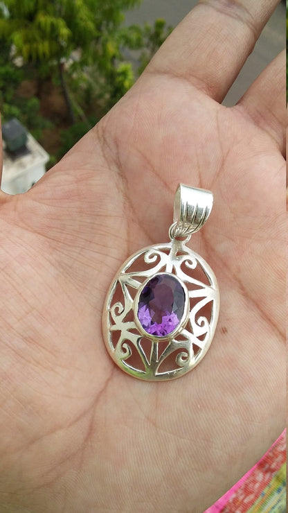 Purple Amethyst Handmade Pendant, Natural Gemstone, 925 Sterling Silver, Oval Shape Amethyst Jewelry for women, Anniversary Pendant