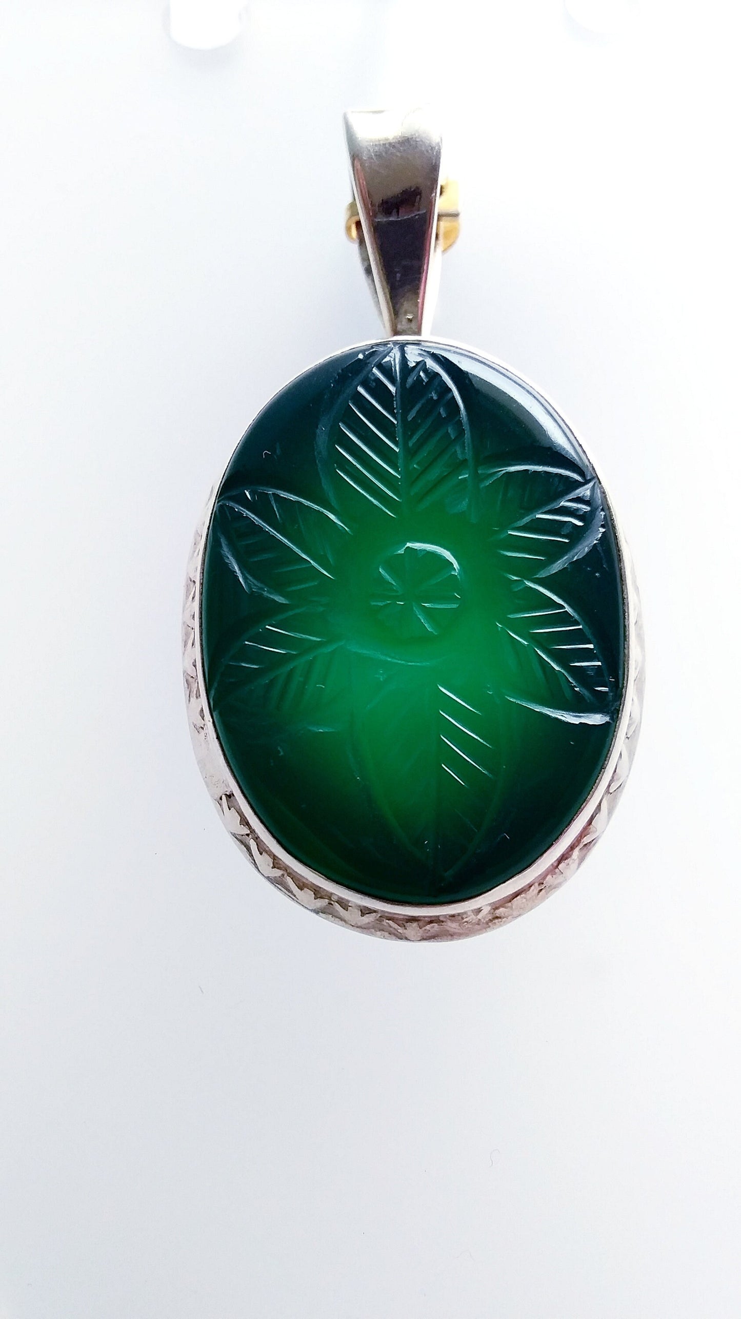 Green Onyx Carving Pendant, 925 Sterling Silver Handmade Pendant, Big Carving Pendant