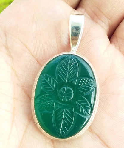 Green Onyx Carving Pendant, 925 Sterling Silver Handmade Pendant, Big Carving Pendant