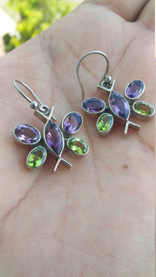 Butterfly Earrings Dangle, multi stone earrings, Sterling Silver Earrings, purple amethyst and peridot earrings, unique earrings for women