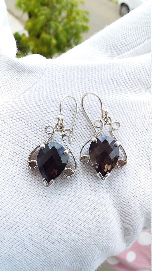 Faceted Smoky Quartz Dangling Earrings, 925 Sterling Silver Handmade Smoky Quartz Earrings, Gift Ideas, Earrings for Her