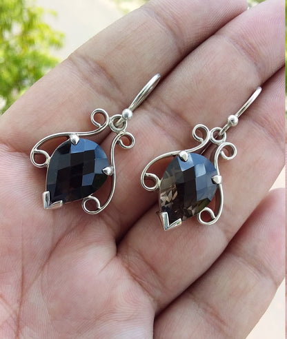 Faceted Smoky Quartz Dangling Earrings, 925 Sterling Silver Handmade Smoky Quartz Earrings, Gift Ideas, Earrings for Her