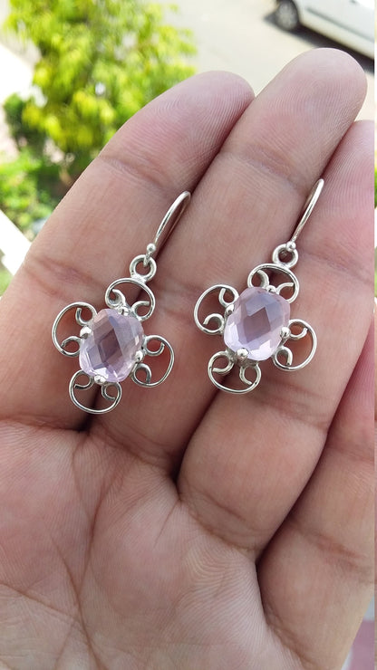 Natural Rose Quartz Earrings, Sterling Silver Quartz Handmade Earrings, Rose Quartz Handmade Jewelry,