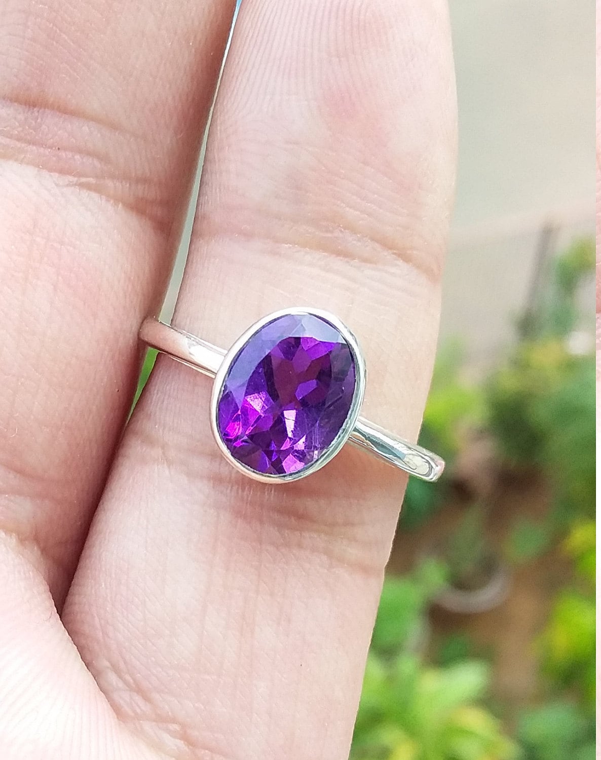 Natural Purple Amethyst Ring, Silver Band Gemstone Ring,925 Sterling Silver Amethyst Ring, Healing Crystal February Birthstone Ring Size 7.5