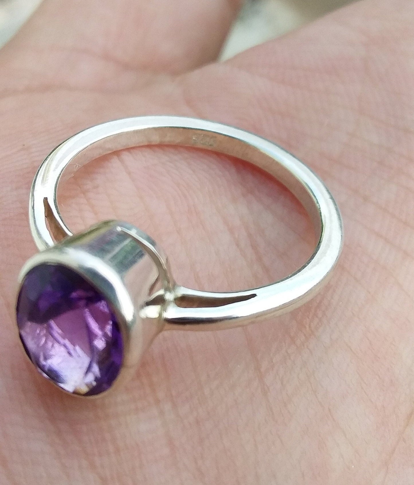 Natural Purple Amethyst Ring, Silver Band Gemstone Ring,925 Sterling Silver Amethyst Ring, Healing Crystal February Birthstone Ring Size 7.5