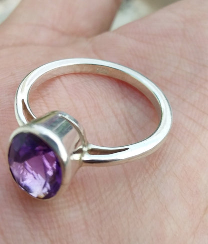 Natural Purple Amethyst Ring, Silver Band Gemstone Ring,925 Sterling Silver Amethyst Ring, Healing Crystal February Birthstone Ring Size 7.5