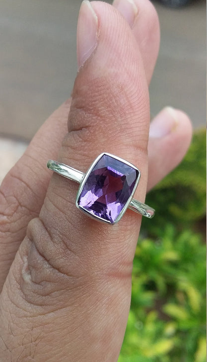 Purple Amethyst Ring, Natural Gemstone Unisex Ring, 925 Sterling Silver Handmade Ring, Fancy Party Wear Birthstone Ring, US Ring Size 6 1/2