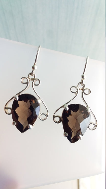 Smoky Quartz Earrings, 925 Sterling Silver Earring, Faceted Pear Gemstone Earrings, Brown Gemstone Earrings, Gift Idea, Women Jewelry,