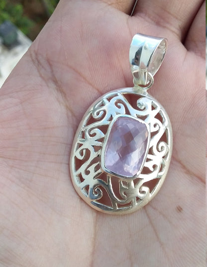 Natural Rose Quartz 925 Sterling Silver Handmade Pendant, Natural Rose Quartz Pendant, Vintage Style Pendant