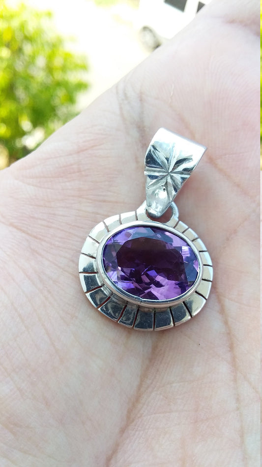 Natural Oval Shape Purple Amethyst 925 Sterling Silver Handmade Pendant, Small Silver Pendant, Natural Purple Amethyst Pendant