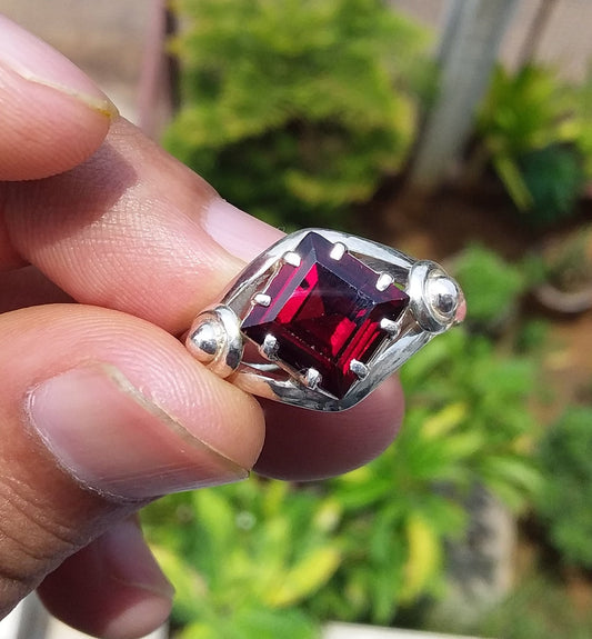 Red Garnet Ring, Square Gemstone Ring, January Birthstone Ring, 925 Silver Handmade Jewellery, Unique Design Ring, Stone Ring Size 7.5