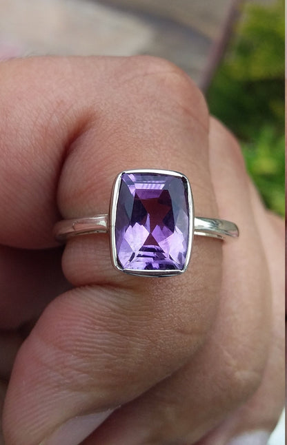 Purple Amethyst Ring, Natural Gemstone Unisex Ring, 925 Sterling Silver Handmade Ring, Fancy Party Wear Birthstone Ring, US Ring Size 6 1/2
