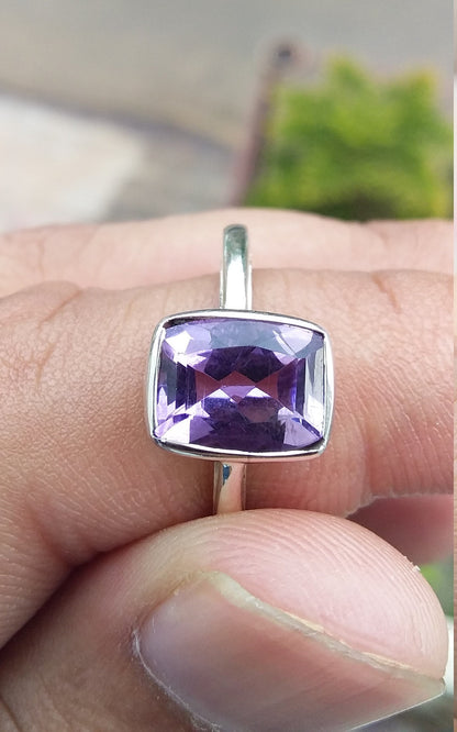 Purple Amethyst Ring, Natural Gemstone Unisex Ring, 925 Sterling Silver Handmade Ring, Fancy Party Wear Birthstone Ring, US Ring Size 6 1/2