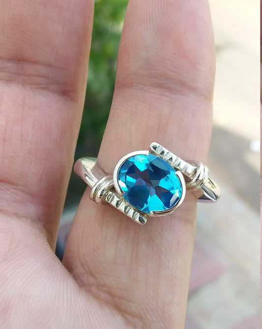 Blue Topaz Ring, Faceted Gemstone Ring, Blue Stone Ring, Proposal Ring, Jewelry Rings for Women, Daily Wear Jewelry Promise Ring size 5.5