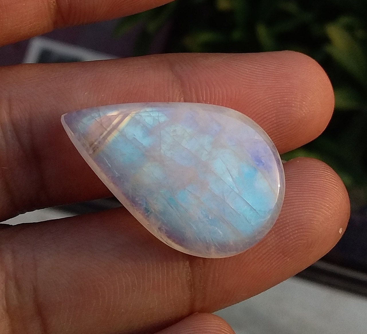 AAA+ Flashy Rainbow Moonstone Cab Gemstone, Both Side Blue Flash Moonstone, Pear Shape Natural Loose Gemstone, Top Quality Cabochon Stone