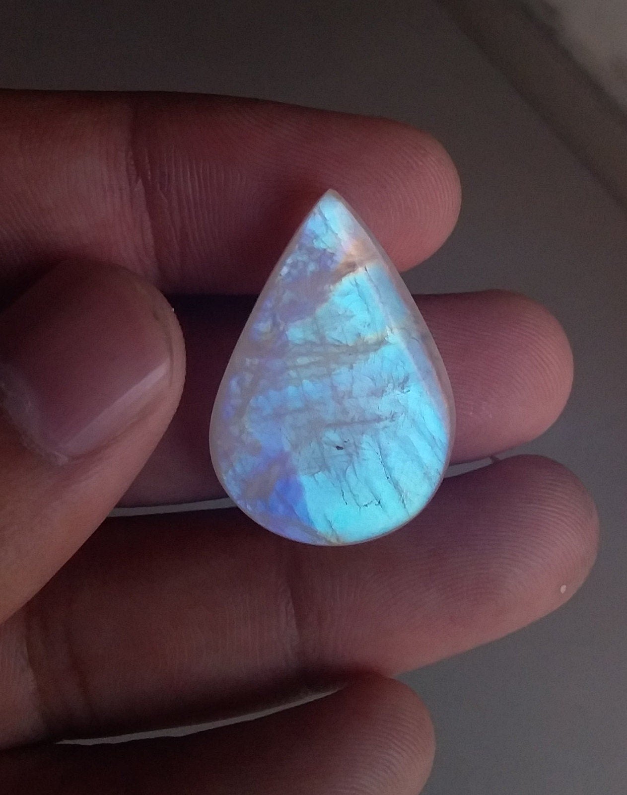 AAA+ Flashy Rainbow Moonstone Cab Gemstone, Both Side Blue Flash Moonstone, Pear Shape Natural Loose Gemstone, Top Quality Cabochon Stone
