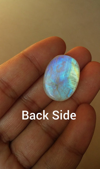 Natural Rainbow Moonstone, Oval Shape Blue Fire Cabochon, 25x18.5x7 MM 28 Carat Stone, Semi Precious Loose Gemstone