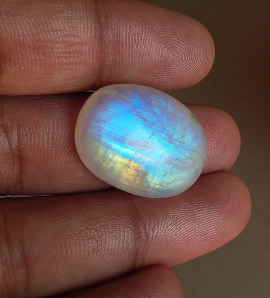 Natural Rainbow Moonstone, Oval Shape Blue Fire Cabochon, 25x18.5x7 MM 28 Carat Stone, Semi Precious Loose Gemstone