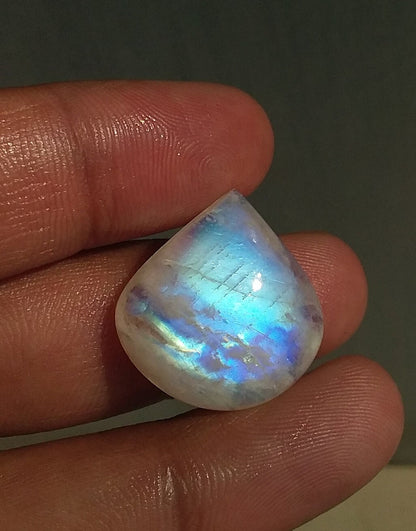 Natural Rainbow Moonstone Pear Shape Blue Fire Cabochon Stone Semi Precious Loose Gemstone 23x22x7 MM 24.00 Cts
