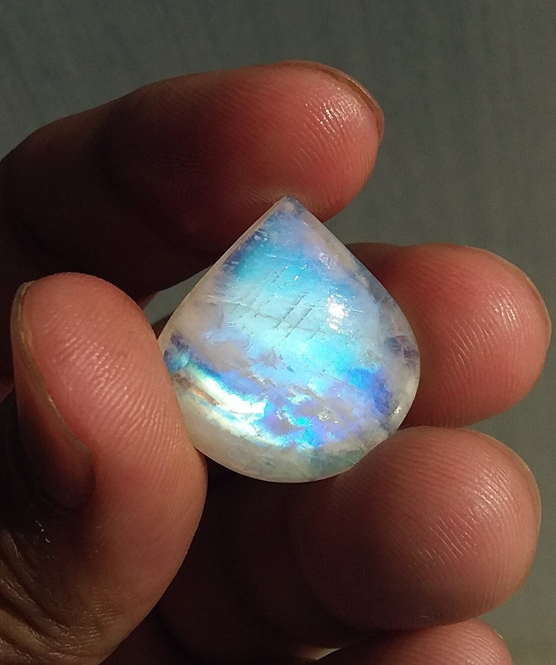 Natural Rainbow Moonstone Pear Shape Blue Fire Cabochon Stone Semi Precious Loose Gemstone 23x22x7 MM 24.00 Cts