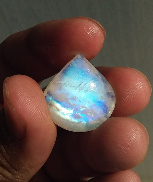Natural Rainbow Moonstone Pear Shape Blue Fire Cabochon Stone Semi Precious Loose Gemstone 23x22x7 MM 24.00 Cts