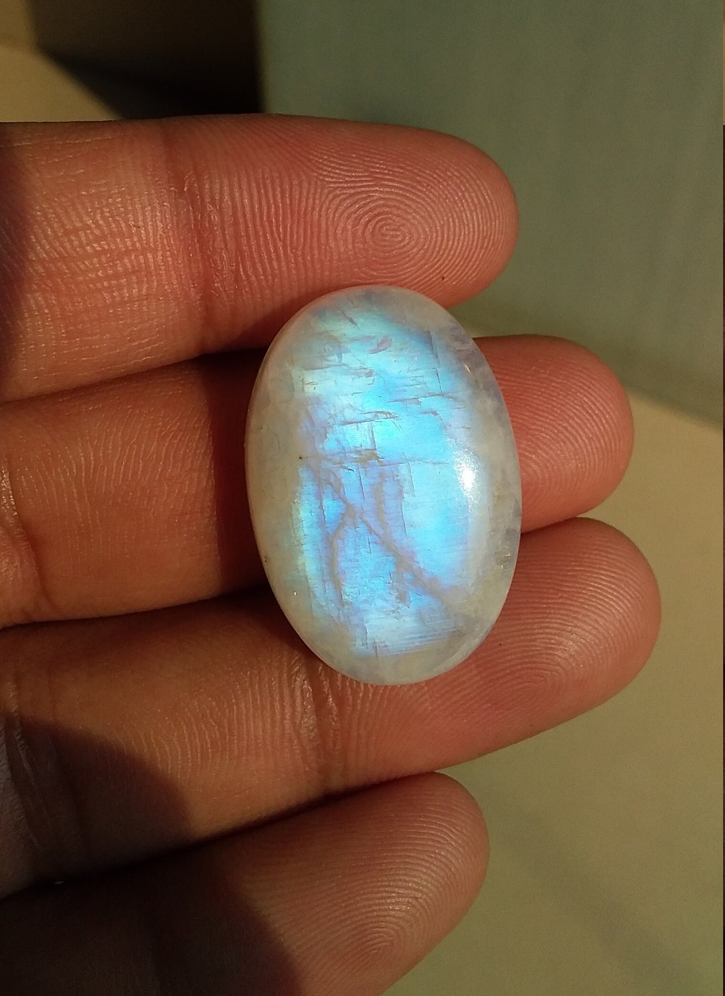 Natural Rainbow Moonstone Oval Shape Blue Fire Cabochon 27.5x19x8.5 MM 39 Carat Stone Semi Precious Loose Gemstone