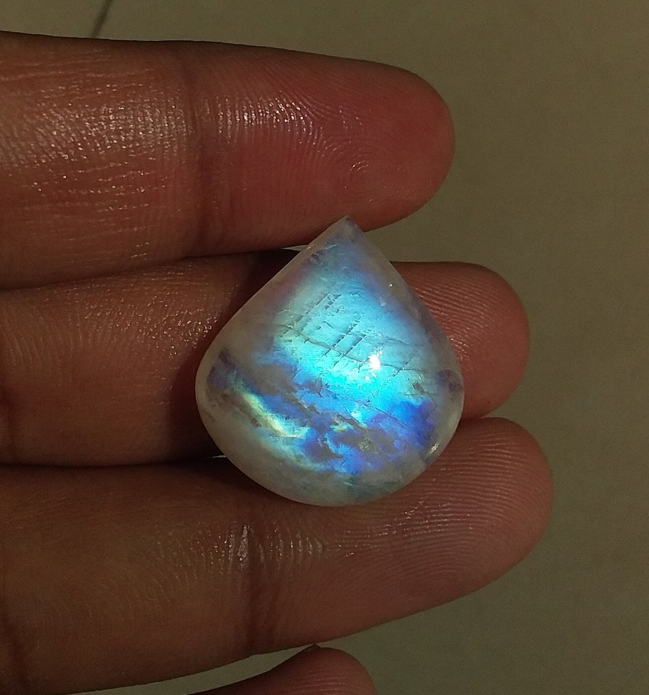Natural Rainbow Moonstone Pear Shape Blue Fire Cabochon Stone Semi Precious Loose Gemstone 23x22x7 MM 24.00 Cts