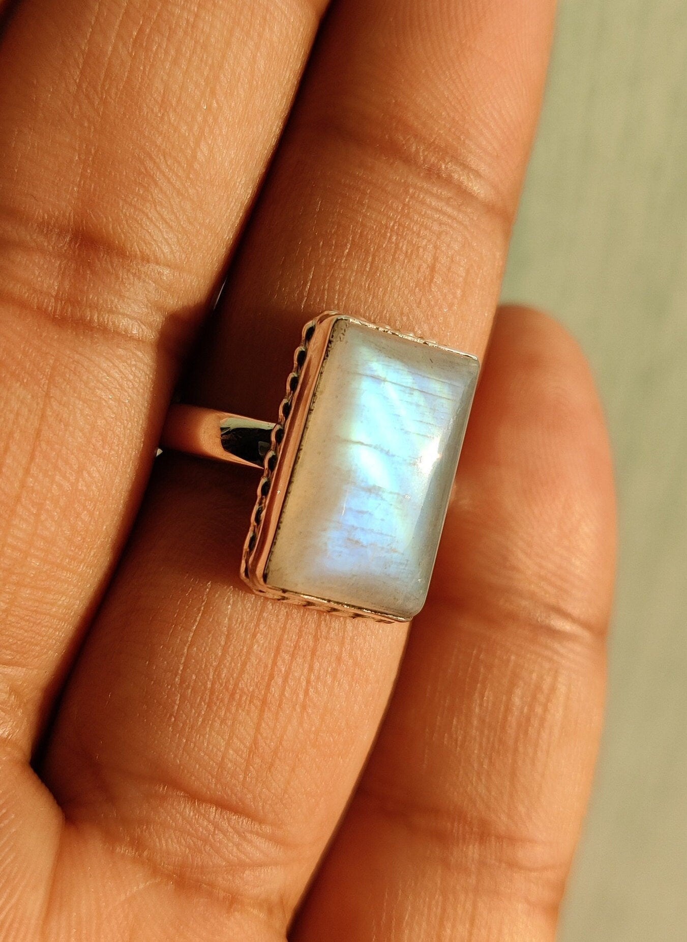 Natural Rainbow Moonstone Sterling Silver Handmade Ring, Birthstone Ring, Gemstone Ring, Blue Flash Stone Ring, Gift for Her