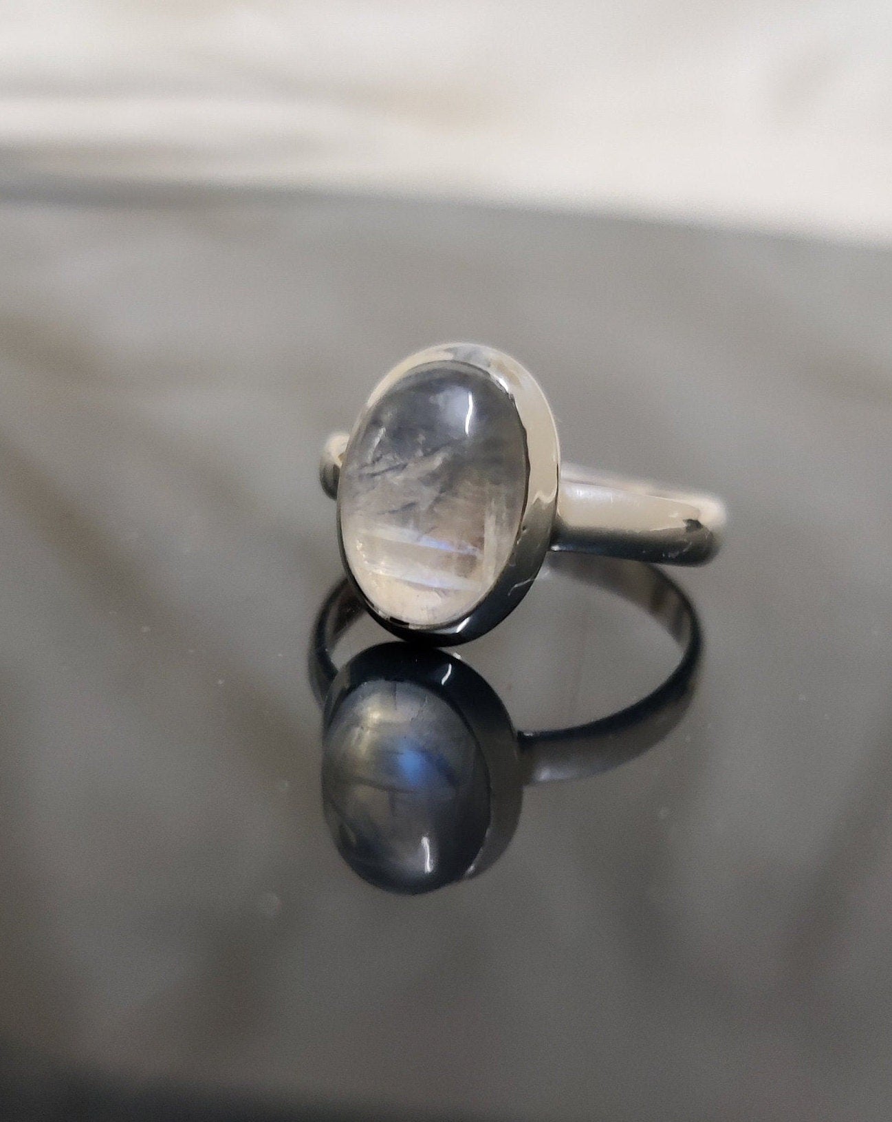 Rainbow Moonstone Ring, 925 Sterling Silver Ring, Cabochon Gemstone, Gift for Anniversary, For Women, Natural Stone, Blue Flash Moonstone