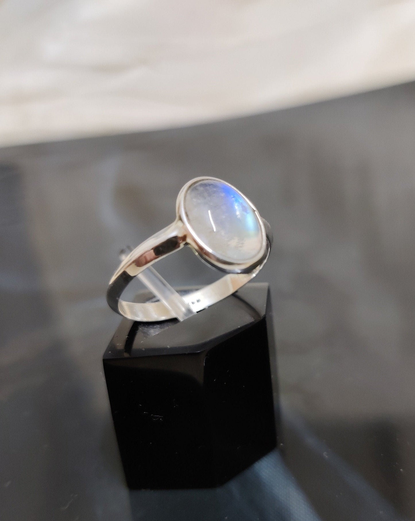 Natural Blue Flash Rainbow Moonstone Ring, 925 Sterling Silver Ring, Cabochon Gemstone, June Birthstone, Moonstone Jewelry, Ring for Her