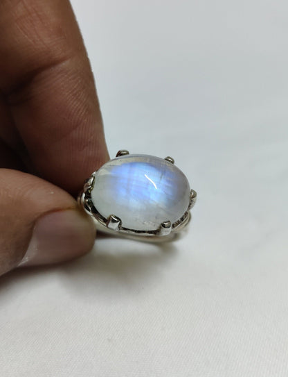 Blue Flash Rainbow Moonstone Ring, Natural Gemstone Ring, 925 Sterling Silver Ring, Jewelry Gift for Her, June Birthstone