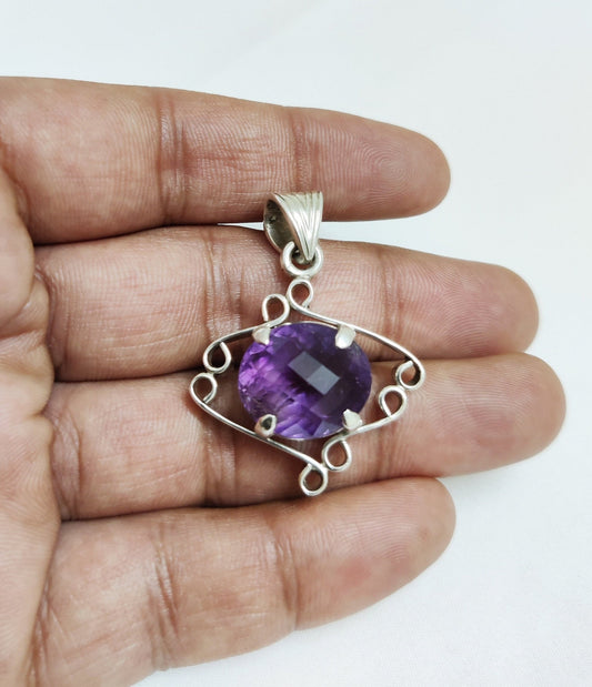 Amethyst Checker Cut pendant, Gemstone pendant, purple, 925 sterling silver, Gift for her, Natural gemstone, Unique design handmade jewelry