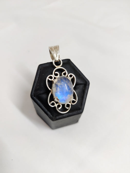 Blue Fire Moonstone Silver Pendant, Natural Rainbow Moonstone Pendant, 925 Sterling Silver Pendant, Birthstone Pendant, Handmade Jewelry