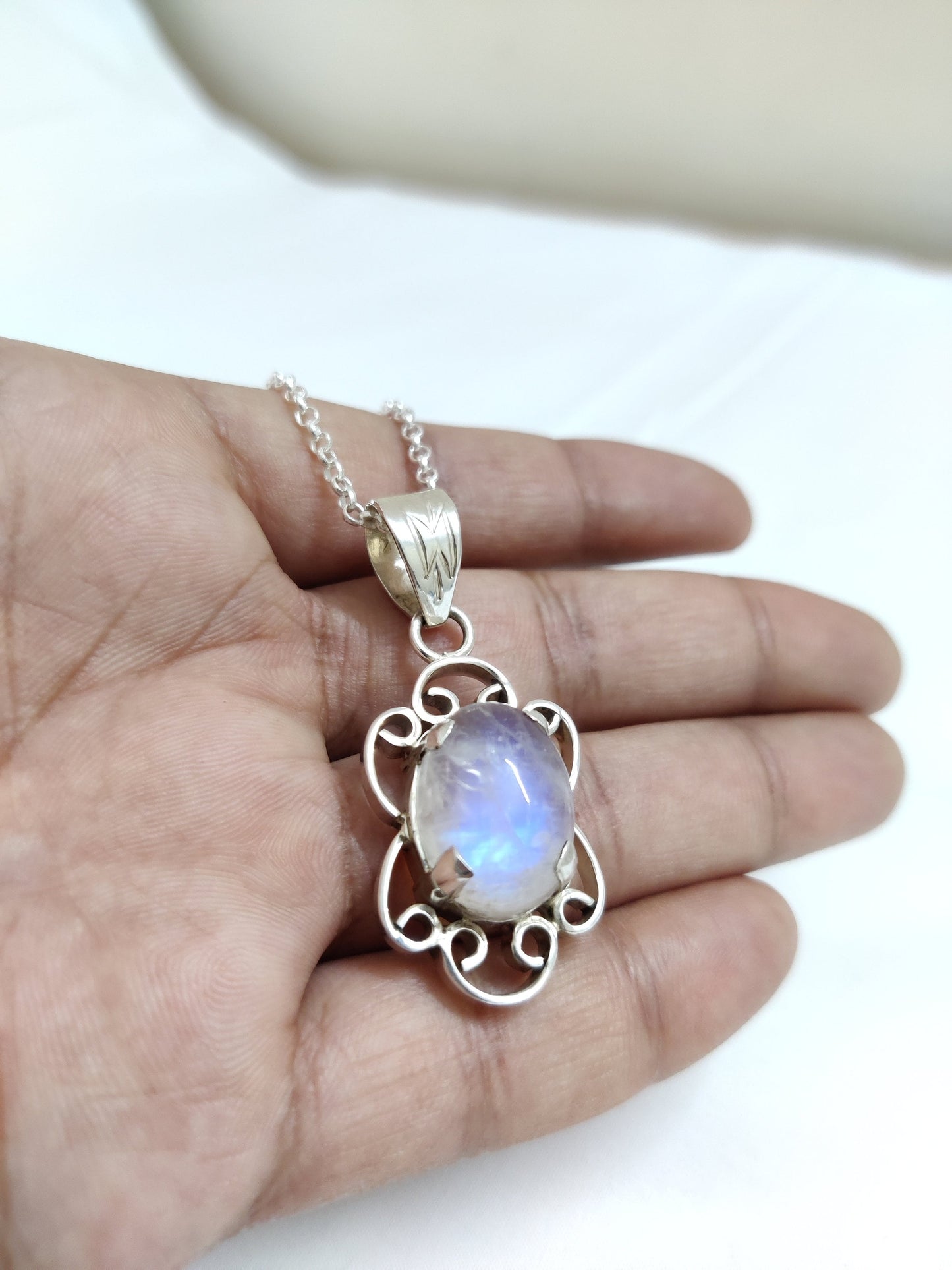 Blue Fire Moonstone Silver Pendant, Natural Rainbow Moonstone Pendant, 925 Sterling Silver Pendant, Birthstone Pendant, Handmade Jewelry