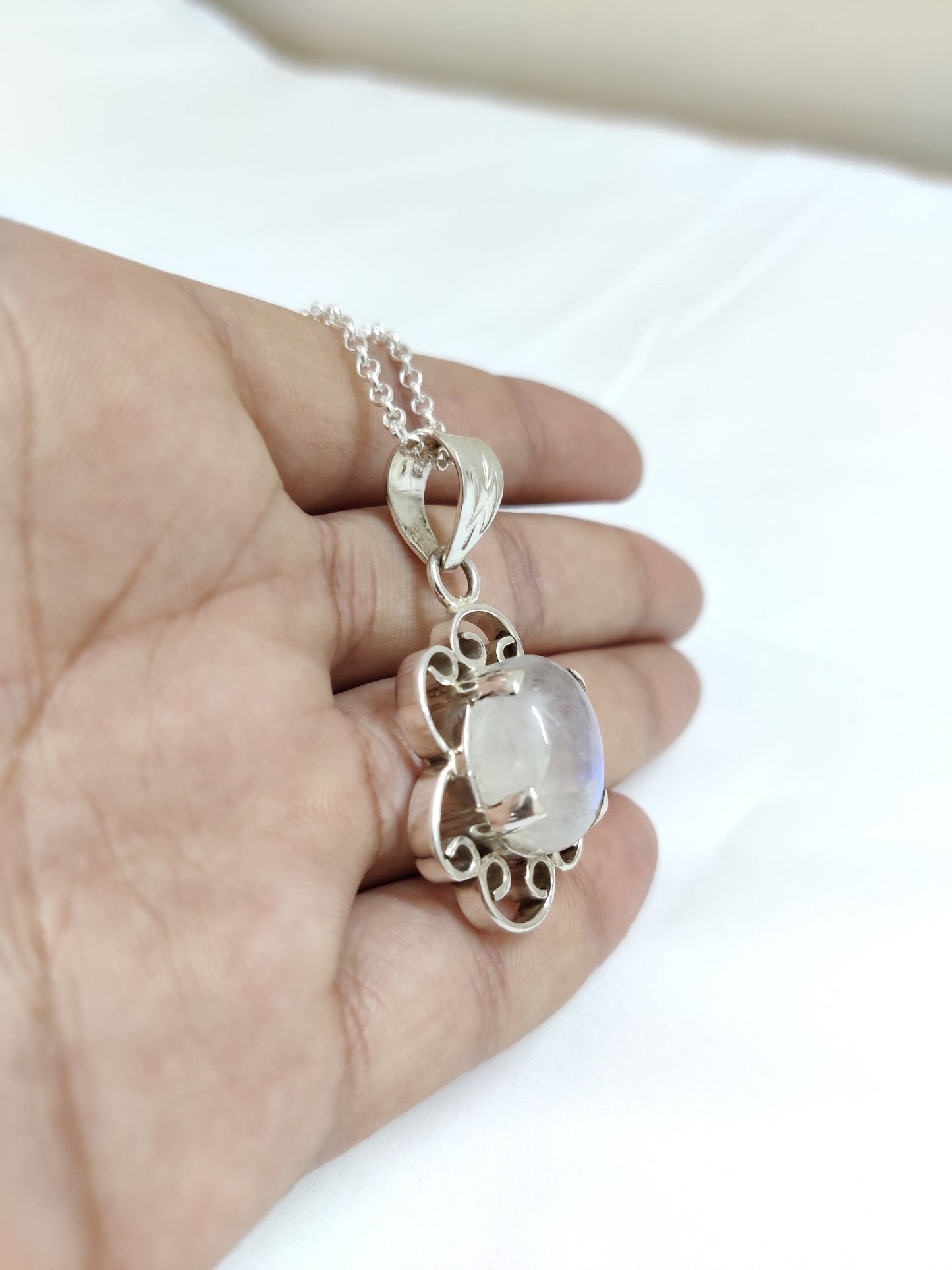 Blue Fire Moonstone Silver Pendant, Natural Rainbow Moonstone Pendant, 925 Sterling Silver Pendant, Birthstone Pendant, Handmade Jewelry