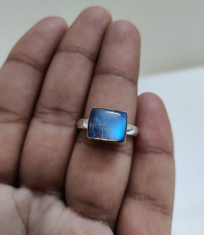 Blue Flashy Rainbow Moonstone Ring, 925 Sterling Silver Ring, Moonstone Cabochon Ring, Rectangle Stone Ring, Birth Gemstone Ring