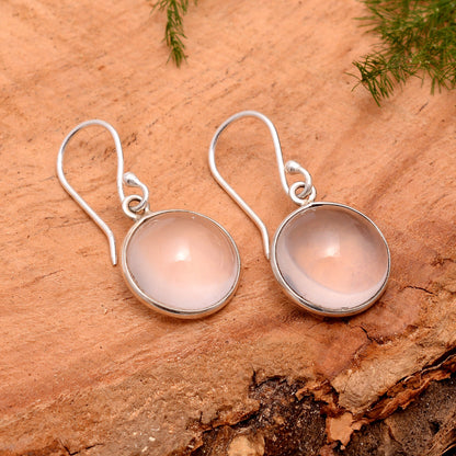 Genuine Rose Quartz Earrings, 925 Sterling Silver Earrings, Pink Stone Earrings, Quartz Jewelry for Her, Dangle Earrings, Cabochon Gemstone