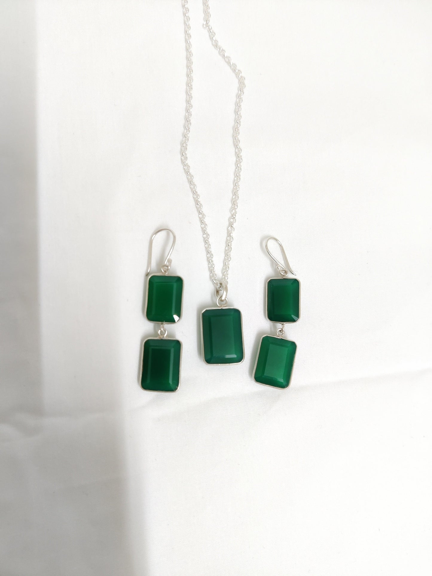 Green Onyx Earring Necklace Set, Dual Stone Earrings, Onyx Pendant Necklace, Green Onyx Jewelry, Bridesmaid Jewelry, Gift for Her