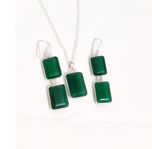 Green Onyx Earring Necklace Set, Dual Stone Earrings, Onyx Pendant Necklace, Green Onyx Jewelry, Bridesmaid Jewelry, Gift for Her