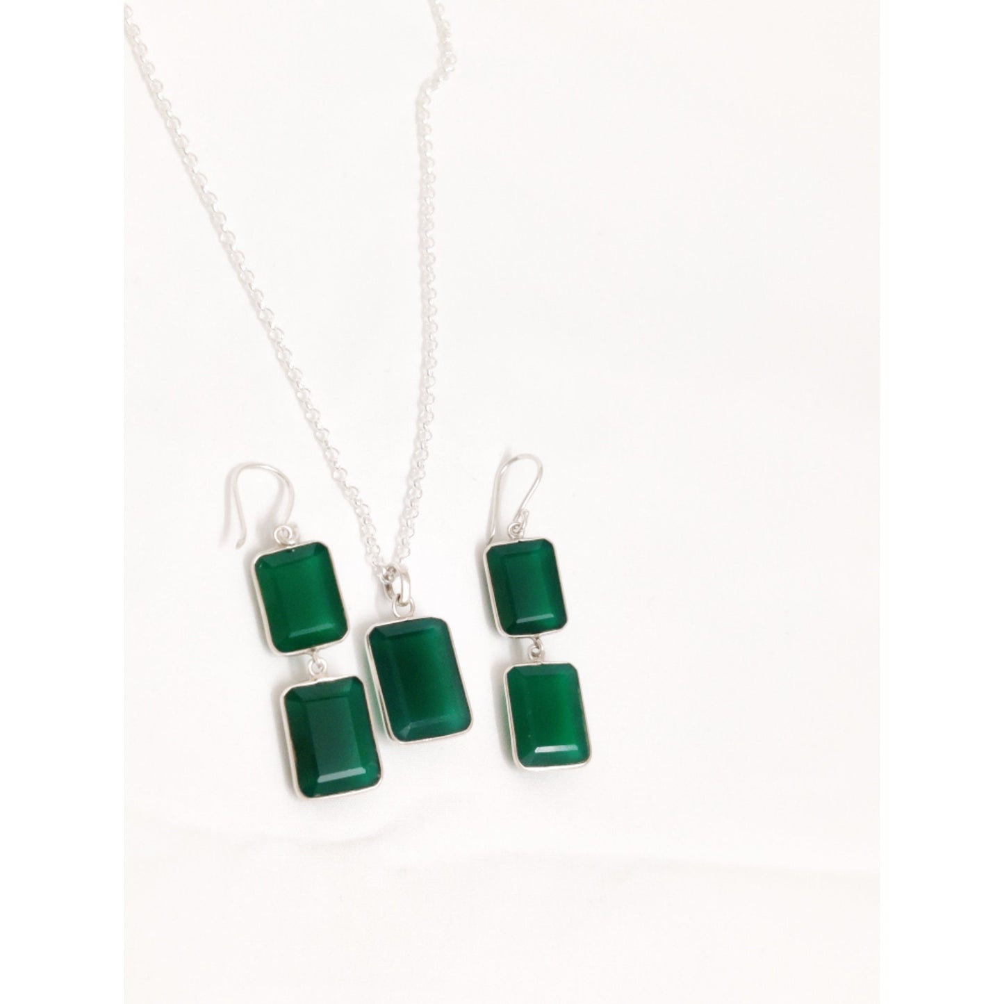 Green Onyx Earring Necklace Set, Dual Stone Earrings, Onyx Pendant Necklace, Green Onyx Jewelry, Bridesmaid Jewelry, Gift for Her