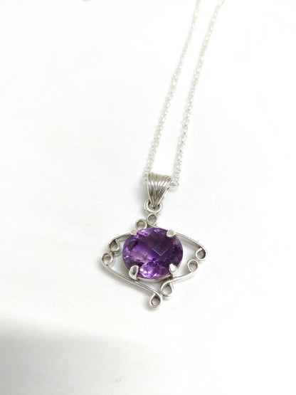 Amethyst Checker Cut pendant, Gemstone pendant, purple, 925 sterling silver, Gift for her, Natural gemstone, Unique design handmade jewelry