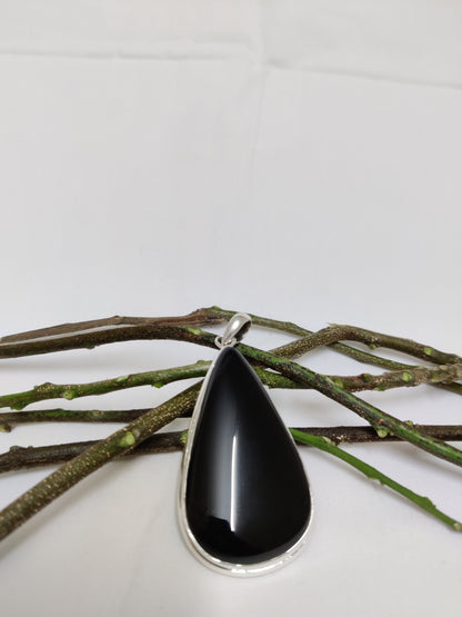 Black Onyx Pendant, 925 Silver Jewelry, Natural Black Onyx Gemstone, Cabochon Stone Pendant, Black Stone Pendant, teardrop necklace silver