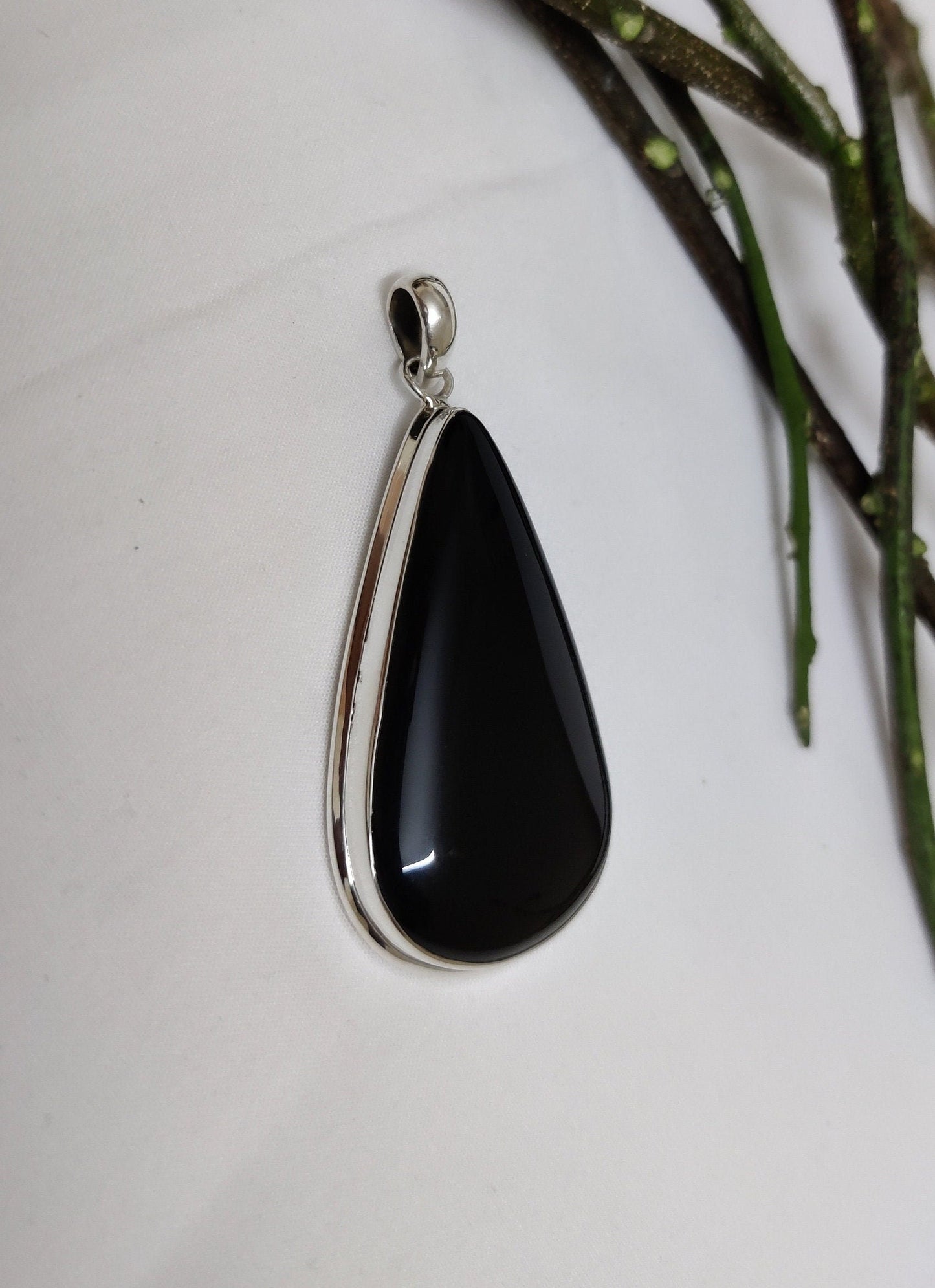 Black Onyx Pendant, 925 Silver Jewelry, Natural Black Onyx Gemstone, Cabochon Stone Pendant, Black Stone Pendant, teardrop necklace silver