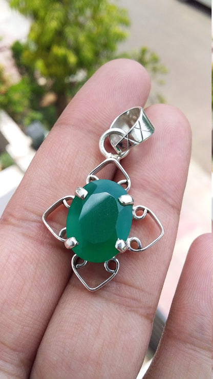 Green Onyx Pendant, Natural Gemstone Pendant Necklace, 925 Sterling Silver Jewelry, Designer Green Stone Pendant, Handcrafted Jewellery