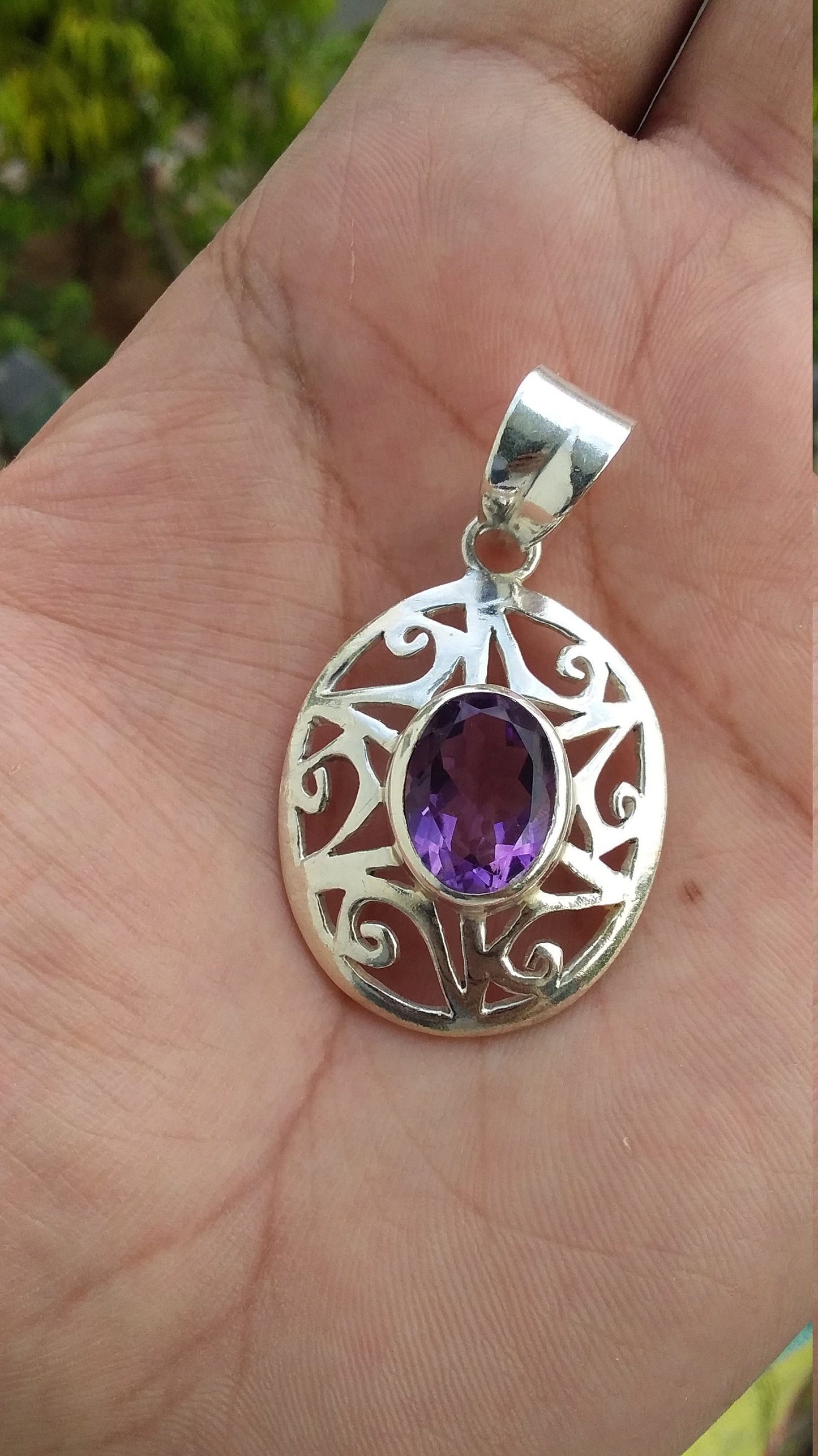 Amethyst silver pendant, Natural Amethyst Pendant, Handmade Silver Pendant, Perfect Gift for Women, Designer Oval Purple Amethyst Pendant