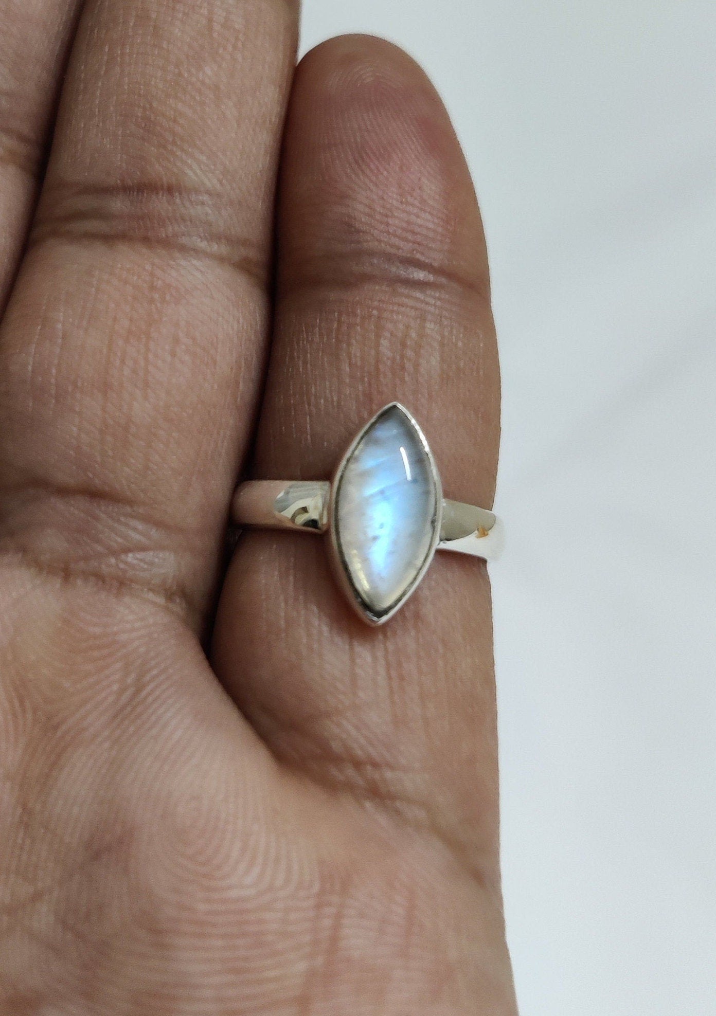 Blue Flash Rainbow Moonstone Ring, Marquise Gemstone Ring, 925 Sterling Silver Ring, Moonstone Cabochon Jewelry, Proposal Ring for Her